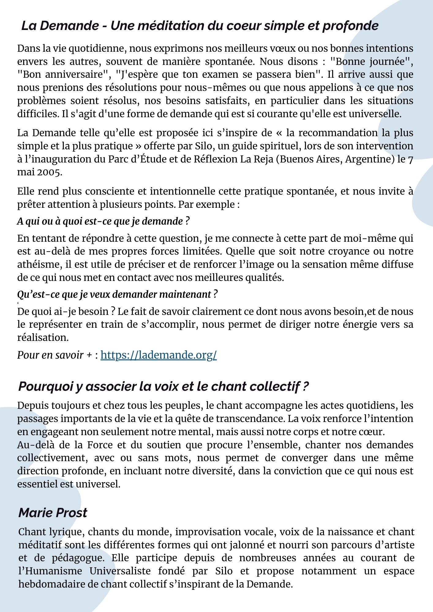 Atelier chant de la demande